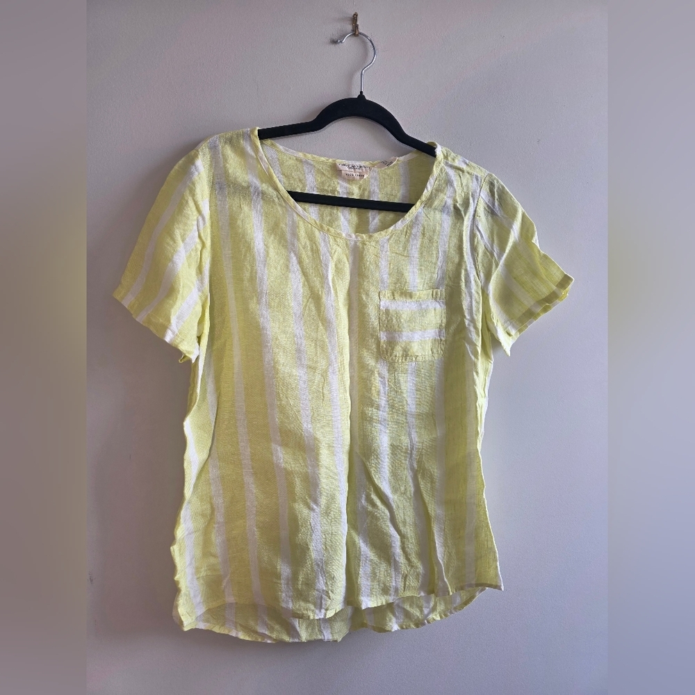 Christian Siriano - 100% Linen Yellow & White Striped Short Sleeve Top - Size Sm